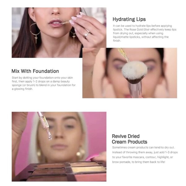 Aceite de maquillaje Elixir Skin de oro rosa de 24 k para rostro, aceite esencial antes de la base de maquillaje, aceite facial hidratante antienvejecimiento / 24k Rose Gold Elixir Skin Make Up Oil For Face Essential Oil Before Primer Foundation Moisturizing Face Oil Anti-aging - Imagen 4