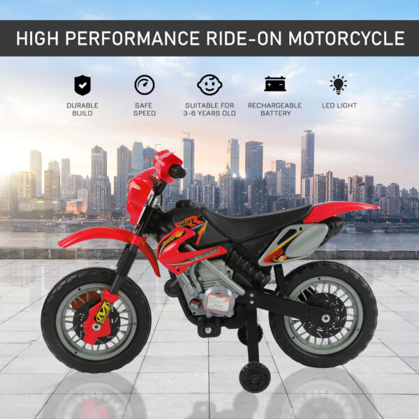 Moto eléctrica para niños de 6 V con ruedas de entrenamiento, a batería, color rojo / Kids 6V Electric Ride-On Motorcycle With Training Wheels, Battery-Powered, Red - Imagen 4