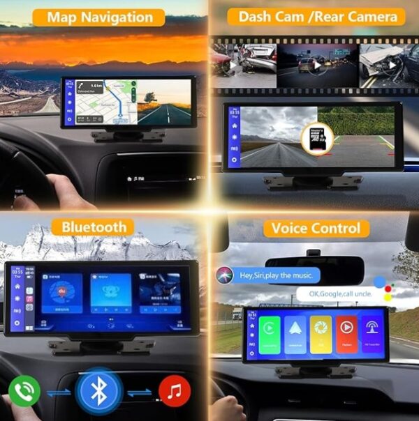 Portable Wireless Carplay With 2.5K Camera, 1080P Back Cam 9.3inches Ultra HD Android Auto Car Play Screen For Car DVR Loop Recording, Bluetooth GPS Navigation Touch Drive Screen With FM Radio System - Imagen 3