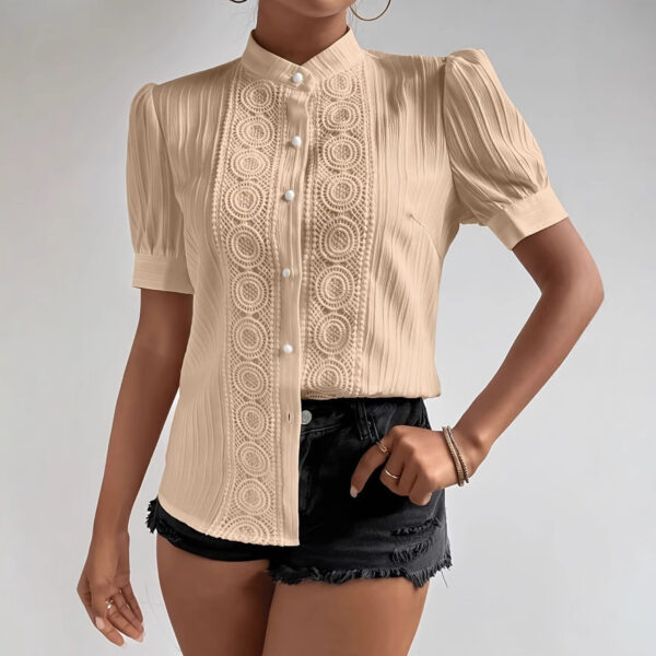 Blusa de mujer con cuello alto y patchwork de encaje europeo y americano / European And American Lace Patchwork Stand-up Collar Women's Top - Imagen 4
