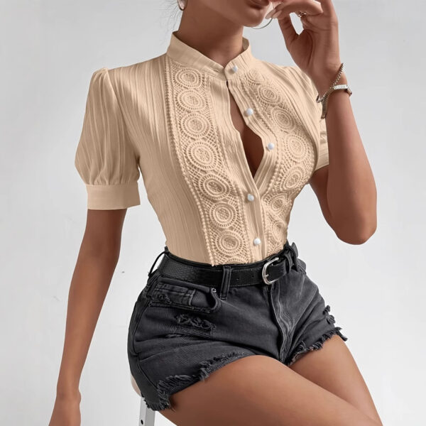 Blusa de mujer con cuello alto y patchwork de encaje europeo y americano / European And American Lace Patchwork Stand-up Collar Women's Top - Imagen 3