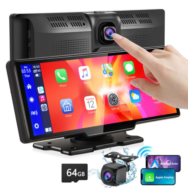 Portable Wireless Carplay With 2.5K Camera, 1080P Back Cam 9.3inches Ultra HD Android Auto Car Play Screen For Car DVR Loop Recording, Bluetooth GPS Navigation Touch Drive Screen With FM Radio System - Imagen 4