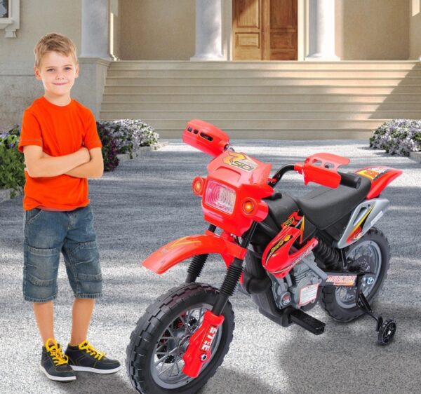 Moto eléctrica para niños de 6 V con ruedas de entrenamiento, a batería, color rojo / Kids 6V Electric Ride-On Motorcycle With Training Wheels, Battery-Powered, Red - Imagen 5